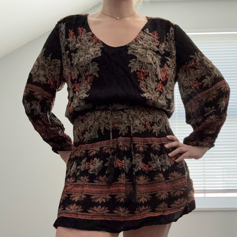Free People Black Floral Long-Sleeve Mini Dress